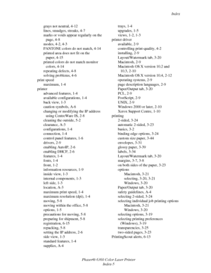 Page 126Index
Phaser® 6360 Color Laser Printer
Index-5 grays not neutral, 4-12
lines, smudges, streaks, 4-7
marks or voids appear regularly on the 
page, 4-8
modes, 4-2, 4-3
PANTONE colors do not match, 4-14
printed area does not fit on the 
paper, 4-15
printed colors do not match monitor 
colors, 4-14
repeating defects, 4-8
solving problems, 4-6
print speed
maximum, 1-4
printer
advanced features, 1-4
available configurations, 1-4
back view, 1-3
caution symbols, A-6
changing or modifying the IP address 
using...