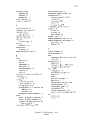 Page 127Index
Phaser® 6360 Color Laser Printer
Index-6 print-quality mode
automatic, 4-3
enhanced, 4-3
standard, 4-3
product disposal, A-7
product recycling, A-7
R
recycling supplies, 5-6
registering your printer, 6-15
registration roller
paper jam, 6-10
repacking the printer, 5-8
repeating defects, 4-8
resolution
maximum (dpi), 1-4
resources
information, 1-9
router address
IP address, 2-6
routine maintenance items, 5-5
S
safety
electrical, A-1
laser, A-2
maintenance, A-2
operational, A-3
printing guidelines,...