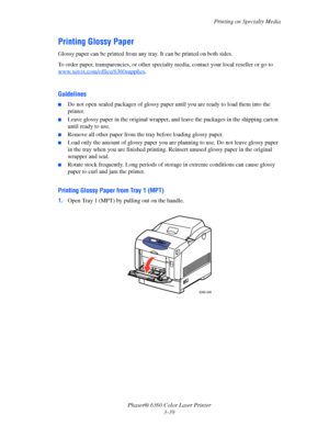 Page 68Printing on Specialty Media
Phaser® 6360 Color Laser Printer
3-39
Printing Glossy Paper
Glossy paper can be printed from any tray. It can be printed on both sides.
To order paper, transparencies, or other specialty media, contact your local reseller or go to 
www.xerox.com/office/6360supplies
.
Guidelines
■Do not open sealed packages of glossy paper until you are ready to load them into the 
printer.
■Leave glossy paper in the original wrapper, and leave the packages in the shipping carton 
until ready...