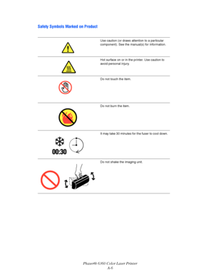 Page 120Phaser® 6360 Color Laser Printer
A-6
Safety Symbols Marked on Product
Use caution (or draws attention to a particular 
component). See the manual(s) for information. 
Hot surface on or in the printer. Use caution to 
avoid personal injury.
Do not touch the item.
Do not burn the item.
It may take 30 minutes for the fuser to cool down.
Do not shake the imaging unit.
Downloaded From ManualsPrinter.com Manuals 