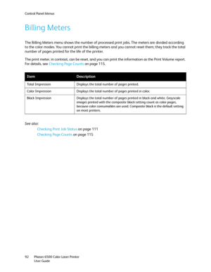 Page 92Control Panel Menus
Phaser 6500 Color Laser Printer
User Guide 92
Billing Meters
The Billing Meters menu shows the number of processed print jobs. The meters are divided according 
to the color modes. You cannot print the billing meters and you cannot reset them; they track the total 
number of pages printed for the life of the printer.
The print meter, in contrast, can be reset, and you can print the information as the Print Volume report. 
For details, see Checking Page Counts on page 115.
See also:...