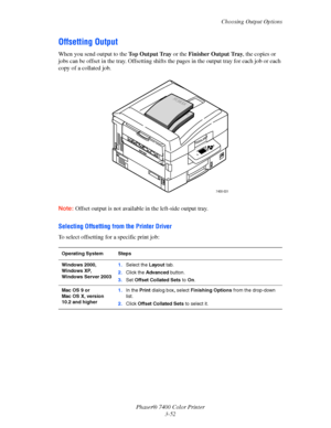 Page 81
Choosing Output Options
Phaser® 7400 Color Printer 3-52
Offsetting Output
When you send output to the  Top Output Tray or the Finisher Output Tray , the copies or 
jobs can be offset in the tray. Offsetting shifts  the pages in the output tray for each job or each 
copy of a collated job.
Note: Offset output is not available  in the left-side output tray.
Selecting Offsetting from the Printer Driver
To select offsetting for a specific print job:
Operating System Steps
Windows 2000, 
Windows XP, 
Windows...