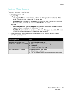 Page 79Printing
Phaser 7500 Color Printer
User Guide79
Printing a 2-Sided Document
To perform automatic 2-sided printing:
1. Load paper into the tray:
Tray  1  ( M P T )
•Long-Edge Feed: Insert side one faceup, with the top of the page towards the rear of the 
printer. Prepunched holes should enter the printer last.
•Short-Edge Feed: Insert side one faceup, with the top of the page entering the printer first. 
Place prepunched paper with the holes toward the front of the printer.
Trays  2 – 5
•Long-Edge Feed:...