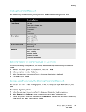 Page 77Printing
Phaser 7500 Color Printer
User Guide77
Printing Options for Macintosh 
See the following table for specific printing options in the Macintosh PostScript printer driver.
Selecting Options for an Individual Job for Macintosh
To select print settings for a particular job, change the driver settings before sending the job to the 
printer.
1. With the document open in your application, select File > Print.
2. Select your printer from the Printer list.
3. Select the desired printing options from the...