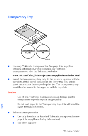 Page 2514Phaser  750 Color Printer 
Transparency Tray  
nUse only Tektronix transparencies. See page 1 for supplies 
ordering information. For information on Tektronix  
transparencies, visit the Tektronix web site: 
www.tek.com/Color_Printers/ products/supplies/trans/index.html
nInstall the transparency tray only in the printerÕs upper or middle  
tray slots. If this tray is installed in the lower tray slot, a front 
panel error occurs that stops the print job. The transparency tray 
must then be moved to the...