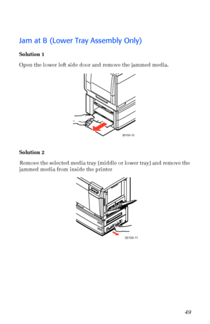 Page 60User Guide49
Jam at B (Lower Tray Assembly Only)
Solution 1
Open the lower left side door and remove the jammed media.
 
Solution 2
Remove the selected media tray (middle or lower tray) and remove the 
jammed media from inside the printer
. 
33100-10
A/LetterPaper
A/LetterPaper
33100-11
 
Downloaded From ManualsPrinter.com Manuals 