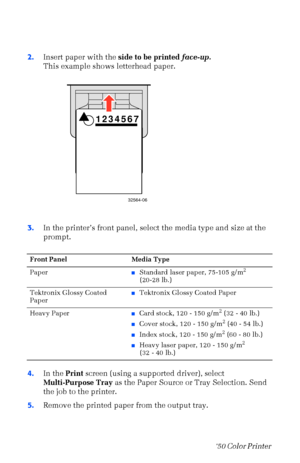 Page 4736Phaser  750 Color Printer 
2.Insert paper with the side to be printed face-up. 
This example shows letterhead paper. 
3.In the printerÕs front panel, select the media type and size at the 
prompt. 
4.In the Print screen (using a supported driver), select 
Multi-Purpose Tray as the Paper Source or Tray Selection. Send 
the job to the printer.
5.Remove the printed paper from the output tray.
Front Panel Media Type
Paper
nStandard laser paper, 75-105 g/m2 
(20-28 lb.)
Tektronix Glossy Coated 
Paper...