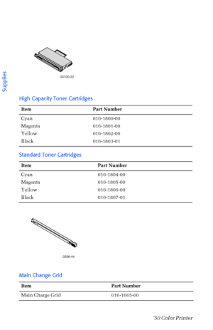 Page 13 
2 
Phaser  750 Color Printer  
   
 
       
       
High Capacity Toner Cartridges 
Item Part Number  
Cyan 
Magenta
Yellow
Black 016-1800-00
016-1801-00
016-1802-00
016-1803-0
1 
Standard Toner Cartridges 
Item Part Number  
Cyan
Magenta
Yellow
Black 016-1804-00
016-1805-00
016-1806-00
016-1807-0
1 
Main Change Grid 
Item Part Number  
Main Charge Grid 016-1665-00
33100-33
0236-44
 
   
Supplies
Downloaded From ManualsPrinter.com Manuals 