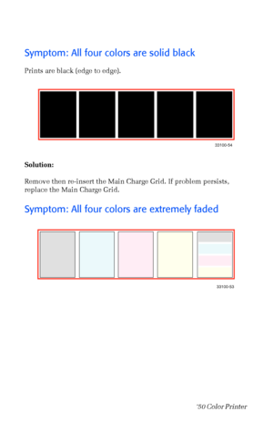 Page 5544Phaser  750 Color Printer 
Symptom: All four colors are solid black
Prints are black (edge to edge). 
Solution: 
Remove then re-insert the Main Charge Grid. If problem persists, 
replace the Main Charge Grid.
Symptom: All four colors are extremely faded 
33100-54
33100-53
 
Downloaded From ManualsPrinter.com Manuals 