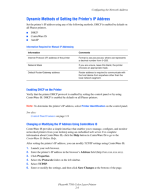 Page 26
Configuring the Network Address
Phaser® 7760 Color Laser Printer 2-6
Dynamic Methods of Setting  the Printer’s IP Address
Set the printer’s IP address using any of the fo llowing methods. DHCP is enabled by default on 
all Phaser printers.
■DHCP
■CentreWare IS
■AutoIP
Enabling DHCP on the Printer 
Verify that the printer DHCP protocol is en abled by setting the control panel or by using 
CentreWare IS. DHCP is enabled by default on all Phaser printers.
Note: To determine the printer’ s IP address,...