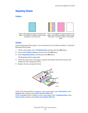 Page 95
Solving Print-Quality Problems
Phaser® 7760 Color Laser Printer 4-8
Repeating Defects
Problem
Solution
Print the Repeating Defects page to view instru ctions for correcting the problem. To print the 
Repeating Defects page:
1. On the control panel, select 
Troubleshooting, and then press the  OK button.
2. Select 
Print Quality Problems, and then press the  OK button.
3. Select 
Repeating Defects, and then press the  OK button. 
The Repeating Defects page prints.
4. Follow the instructions on the page...