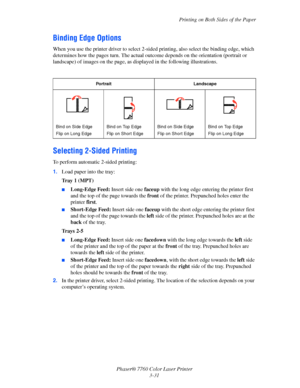 Page 66
Printing on Both Sides of the Paper
Phaser® 7760 Color Laser Printer 3-31
Binding Edge Options
When you use the printer driver to select 2-side d printing, also select the binding edge, which 
determines how the pages turn. The actual outc ome depends on the orientation (portrait or 
landscape) of images on th e page, as displayed in the following illustrations.
Selecting 2-Sided Printing
To perform automatic 2-sided printing:
1.Load paper into the tray:
Tray 1 (MPT)
■Long-Edge Feed:  Insert side one...