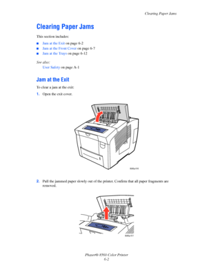 Page 126
Clearing Paper Jams
Phaser® 8560 Color Printer 6-2
Clearing Paper Jams
This section includes:
■Jam at the Exit  on page 6-2
■Jam at the Front Cover  on page 6-7
■Jam at the Trays on page 6-12
See also:  User Safety  on page A-1
Jam at the Exit
To clear a jam at the exit:
1.Open the exit cover.
2. Pull the jammed paper slowly out of the prin ter. Confirm that all paper fragments are 
removed.
8560p-016
8560p-017
Downloaded From ManualsPrinter.com Manuals 