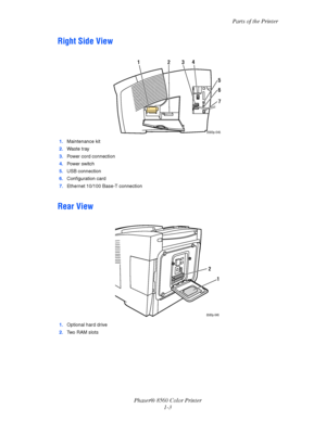 Page 8
Parts of the Printer
Phaser® 8560 Color Printer 1-3
Right Side View
Rear View
1.Maintenance kit
2. Waste tray
3. Power cord connection
4. Powe r  sw i tc h
5. USB connection
6. Configuration card
7. Ethernet 10/100 Base-T connection
1. Optional hard drive
2. Two RAM slots
8560p-045
1
234
5
6
7
1
8560p-046
2
Downloaded From ManualsPrinter.com Manuals 