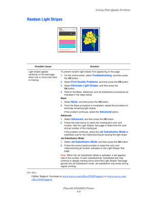 Page 105Solving Print-Quality Problems
Phaser® 8560/8860 Printer
4-8
Random Light Stripes
See also: 
Online Support Assistant at www.xerox.com/office/8560Psupport
 or www.xerox.com/
office/8860support
Possible Cause Solution
Light stripes appear 
randomly on the test page 
when one or more color bars 
is missing.To prevent random light stripes from appearing on the page:
1.On the control panel, select 
Troubleshooting, and then press 
the OK button.
2.Select 
Print Quality Problems, and then press the OK...
