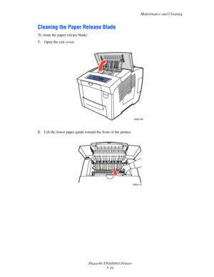 Page 118Maintenance and Cleaning
Phaser® 8560/8860 Printer
5-10
Cleaning the Paper Release Blade
To clean the paper release blade:
1.Open the exit cover.
2.Lift the lower paper guide toward the front of the printer.
8860p-096
8860p-121
Downloaded From ManualsPrinter.com Manuals 