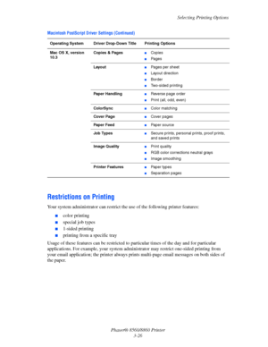 Page 62Selecting Printing Options
Phaser® 8560/8860 Printer
3-26
Restrictions on Printing
Your system administrator can restrict the use of the following printer features:
■color printing
■special job types
■1-sided printing
■printing from a specific tray
Usage of these features can be restricted to particular times of the day and for particular 
applications. For example, your system administrator may restrict one-sided printing from 
your email application; the printer always prints multi-page email messages...