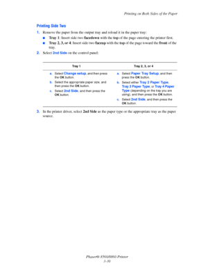 Page 66Printing on Both Sides of the Paper
Phaser® 8560/8860 Printer
3-30
Printing Side Two
1.Remove the paper from the output tray and reload it in the paper tray:
■Tr a y  1: Insert side two facedown with the top of the page entering the printer first.
■Tray 2, 3, or 4: Insert side two faceup with the top of the page toward the front of the 
tray.
2.Select 
2nd Side on the control panel:
3.In 
the printer driver, select 2nd Side as the paper type or the appropriate tray as the paper 
source.
Tray 1 Tray 2, 3,...