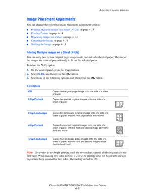 Page 110
Adjusting Copying Options
Phaser® 8560MFP/8860M FP Multifunction Printer
4-13
Image Placement Adjustments
You can change the following imag e placement adjustment settings:
■Printing Multiple Images on a Sheet (N-Up) on page 4-13
■Printing Posters on page 4-14
■Repeating Images on a Sheet  on page 4-14
■Centering the Image on page 4-14
■Shifting the Image on page 4-15
Printing Multiple Images on a Sheet (N-Up)
You can copy two or four original page images  onto one side of a sheet of paper. The size of...