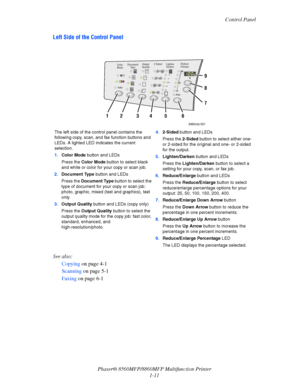 Page 19
Control Panel
Phaser® 8560MFP/8860M FP Multifunction Printer
1-11
Left Side of t he Control Panel
See also: 
Copying  on page 4-1
Scanning  on page 5-1
Faxing  on page 6-1
The left side of the control panel contains the 
following copy, scan, and fax function buttons and 
LEDs. A lighted LED indicates the current 
selection.
1.Color Mode  button and LEDs
Press the  Color Mode  button to select black 
and white or color for your copy or scan job.
2. Document Type  button and LEDs
Press the  Document Type...