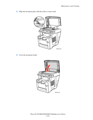 Page 208
Maintenance and Cleaning
Phaser® 8560MFP/8860M FP Multifunction Printer
8-19
3.
Wipe the document glass with the cloth or cotton swab.
4. Close the document feeder.
8860mfp-065
8860mfp-095
Downloaded From ManualsPrinter.com Manuals 