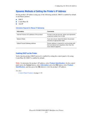 Page 32
Configuring the Network Address
Phaser® 8560MFP/8860M FP Multifunction Printer
2-6
Dynamic Methods of Setting  the Printer’s IP Address
Set the product’s IP address using any of the  following methods. DHCP is enabled by default 
on all Phaser printers.
■DHCP
■CentreWare IS
■AutoIP
 
Enabling DHCP on the Printer
Verify that the product DHCP protocol is en abled by setting the control panel or by using 
CentreWare IS. DHCP is enabled by default.
 
Note: To determine the product’s IP address, select...