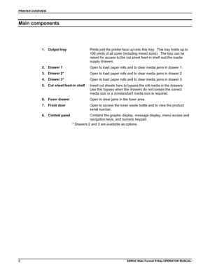 Page 12PRINTER OVERVIEW
2XEROX Wide Format 510dp OPERATOR MANUAL
Main components
1. Output tray
Prints exit the printer face up onto this tray.  This tray holds up to
100 prints of all sizes (including mixed sizes).  The tray can be
raised for access to the cut sheet feed-in shelf and the media
supply drawers.
2. Drawer 1
Open to load paper rolls and to clear media jams in drawer 1.
3. Drawer 2*
Open to load paper rolls and to clear media jams in drawer 2.
4. Drawer 3*
Open to load paper rolls and to clear...