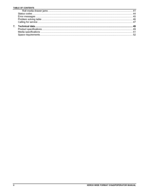 Page 4TABLE OF CONTENTS
iiXEROX WIDE FORMAT 510dDPOPERATOR M ANU AL
Roll media drawer jams .............................................................................................................................. 41
Status codes ..................................................................................................................................................... 44
Error messages...