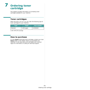 Page 31Ordering toner cartridge
7.1
7Ordering toner 
cartridge
This chapter provides information on purchasing toner 
cartridges available for your machine.
Toner cartridges
When the toner runs out, you can order the following type of 
toner cartridges for your machine:
How to purchase
To  o r d e r  Xerox-authorized toner cartridges, contact your local 
Xerox dealer or the retailer where you purchased your 
machine, or visit www.xerox.com and select your country/
region for information on calling for technical...