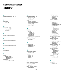 Page 8532
SOFTWARE SECTION 
INDEX
A
advanced printing, use 12
C
canceling
scan
 18
D
document, print
Macintosh
 29
Windows 6
E
Extras properties, set 10
F
favorites settings, use 11
G
Graphics properties, set 9
H
help, use 11
I
install
printer driver
Macintosh
 27
Windows 4installing
Linux software
 19
L
Layout properties, set
Macintosh
 29
Windows 7
Linux
driver, install
 20
printer properties 23
printing 24
scanning 25
M
Macintosh
driver
install
 27
uninstall 27printing 29
scanning 31
setting up the printer...