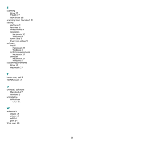 Page 8633
S
scanning
Linux
 25
TWAIN 17
WIA driver 18
scanning from Macintosh 31
setting
darkness
 9
favorites 11
image mode 9
resolution
Macintosh
 30
Windows 9toner save 9
true-type option 9
software
install
Macintosh
 27Windows 4
system requirements
Macintosh
 27uninstall
Macintosh
 27Windows 5
system requirements
Linux
 19
Macintosh 27
T
toner save, set 9
TWAIN, scan 17
U
uninstall, software
Macintosh
 27
Windows 5
uninstalling
MFP driver
Linux
 21
W
watermark
create
 14
delete 14
edit 14
print 14
WIA, scan...