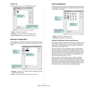 Page 127Using Your Printer in Linux
31
Classes Tab
The Classes tab shows a list of available printer classes.
•Refresh: Renews the classes list.
•
Add Class...: Allows you to add a new printer class.
•
Remove Class: Removes the select ed printer class.
Scanners Configuration
In this window, you can monitor the  activity of scanner devices, view a 
list of installed Xerox MFP devices, change device properties, and scan 
images.
•Properties...: Allows you to change the scan properties and scan 
a document. See...