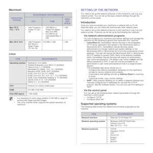 Page 27
26 _Getting started
Macintosh
LinuxSETTING UP THE NETWORK
You need to set up the network protocols on the machine to use it as your 
network printer. You can set up the basic network settings through the 
machines control panel.
Introduction
Once you have connected your machine to a network with an RJ-45 
Ethernet cable, you can share the  machine with other network users.
You need to set up the network protocols on the machine to use it as your 
network printer. Protocols can be  set up by the...
