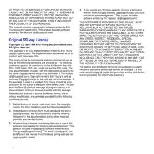 Page 1716_Regulatory Information
OR PROFITS; OR BUSINESS INTERRUPTION) HOWEVER 
CAUSED AND ON ANY THEORY OF LIABILITY, WHETHER IN 
CONTRACT, STRICT LIABILITY, OR TORT (INCLUDING 
NEGLIGENCE OR OTHERWISE) ARISING IN ANY WAY OUT 
OF THE USE OF THIS SOFTWARE, EVEN IF ADVISED OF 
THE POSSIBILITY OF SUCH DAMAGE.
This product includes cryptographic software written by Eric 
Young(eay@cryptsoft.com). This product includes software 
written by Tim Hudson (tjh@cryptsoft.com).
Original SSLeay License
Copyright (C)...