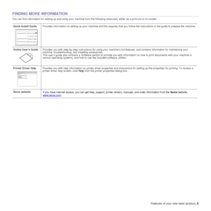 Page 9Features of your new laser product_8
FINDING MORE INFORMATION
You can find information for setting up and using your machine from the following resources, either as a print-out or on screen .
Quick Install Guide Provides information on setting up your machine and this requires that you follow the instructions in the guide to prepare the  machine.
Online User’s Guide Provides you with step-by-step instructions for using your machine’s full features, and contains information for maintaining yo ur 
machine,...