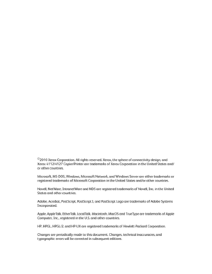 Page 2©2010 Xerox Corporation. All rights reserved. Xerox, the sphere of connectivity design, and 
Xerox 4112/4127 Copier/Printer are trademarks of Xerox Corporation in the United States and/
or other countries. 
Microsoft, MS-DOS, Windows, Microsoft Network, and Windows Server are either trademarks or 
registered trademarks of Microsoft Corporation in the United States and/or other countries.
Novell, NetWare, IntranetWare and NDS are registered trademarks of Novell, Inc. in the United 
States and other...