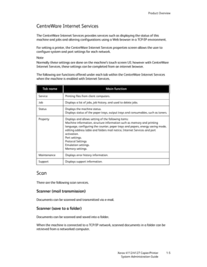 Page 13Product Overview
Xerox 4112/4127 Copier/Printer 1-5
System Administration Guide
CentreWare Internet Services
The CentreWare Internet Services provides services such as displaying the status of this 
machine and jobs and altering configurations using a Web browser in a TCP/IP environment.
For setting a printer, the CentreWare Internet Services properties screen allows the user to 
configure system and port settings for each network.
Note
Normally these settings are done on the machine’s touch screen UI;...