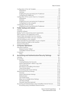 Page 5Table of Contents
Xerox 4112/4127 Copier/Printer
iii
System Administration Guide
Configuration of the Job Template . . . . . . . . . . . . . . . . . . . . . . . . . . . . . . . . . . . . . . . . .  5-8
Preparations  . . . . . . . . . . . . . . . . . . . . . . . . . . . . . . . . . . . . . . . . . . . . . . . . . . . . . . . . . .  5-8
Overview . . . . . . . . . . . . . . . . . . . . . . . . . . . . . . . . . . . . . . . . . . . . . . . . . . . . . . . . . . . . . .  5-8
Enabling the ports and setting the...