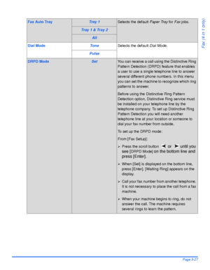 Page 115Xerox WorkCentre 4118 User GuidePage 5-27
Fax (4 in 1 only)
Fax Auto TrayTray 1Selects the default Paper Tray for Fax jobs.
Tray 1 & Tray 2
All
Dial ModeToneSelects the default Dial Mode.
Pulse
DRPD ModeSetYou can receive a call using the Distinctive Ring 
Pattern Detection (DRPD) feature that enables 
a user to use a single telephone line to answer 
several different phone numbers. In this menu 
you can set the machine to recognize which ring 
patterns to answer.
Before using the Distinctive Ring...