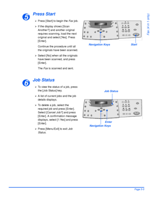 Page 93Xerox WorkCentre 4118 User GuidePage 5-5
Fax (4 in 1 only)
Press Start
Job Status
5¾Press [Start] to begin the Fax job.
¾If the display shows [Scan 
Another?] and another original 
requires scanning, load the next 
original and select [Yes]. Press 
[Enter].
Continue the procedure until all 
the originals have been scanned.
¾Select [No] when all the originals 
have been scanned, and press 
[Enter].
The Fax is scanned and sent.
Navigation Keys Start
6¾To view the status of a job, press 
the [Job Status]...