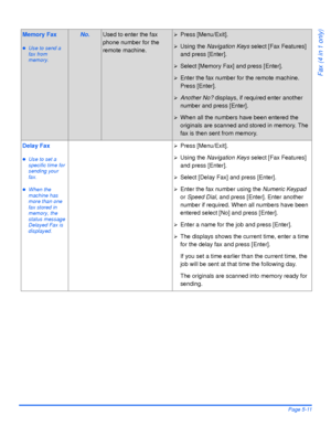 Page 99Xerox WorkCentre 4118 User GuidePage 5-11
Fax (4 in 1 only)
Memory Fax
zUse to send a 
fax from 
memory.
No.Used to enter the fax 
phone number for the 
remote machine.¾Press [Menu/Exit].
¾Using the Navigation Keys select [Fax Features] 
and press [Enter].
¾Select [Memory Fax] and press [Enter].
¾Enter the fax number for the remote machine. 
Press [Enter].
¾Another No? displays, if required enter another 
number and press [Enter].
¾When all the numbers have been entered the 
originals are scanned and...