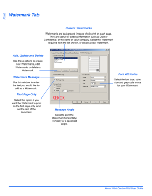 Page 126Page 6-10 Xerox WorkCentre 4118 User Guide
Print
Watermark Tab
Add, Update and Delete
Use these options to create 
new Watermarks, edit 
Watermarks or delete a 
Watermark.
Current Watermarks
Watermarks are background images which print on each page. 
They are useful for adding information such as Draft or 
Confidential, or the name of your company. Select the Watermark 
required from the list shown, or create a new Watermark.
Watermark Message
Use this window to enter 
the text you would like to 
add as...