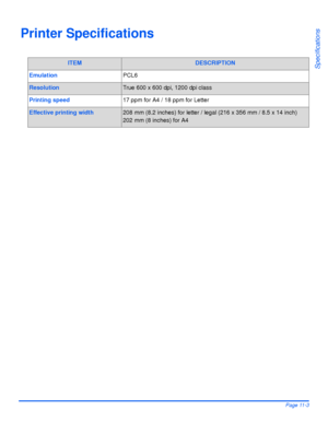 Page 181Xerox WorkCentre 4118 User GuidePage 11-3
Specifications
Printer Specifications
ITEMDESCRIPTION
EmulationPCL6
ResolutionTrue 600 x 600 dpi, 1200 dpi class
Printing speed17 ppm for A4 / 18 ppm for Letter
Effective printing width208 mm (8.2 inches) for letter / legal (216 x 356 mm / 8.5 x 14 inch)
202 mm (8 inches) for A4
Downloaded From ManualsPrinter.com Manuals 