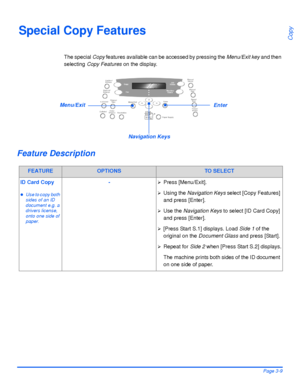 Page 71Xerox WorkCentre 4118 User GuidePage 3-9
Copy
Special Copy Features
The special Copy features available can be accessed by pressing the Menu/Exit key and then 
selecting Copy Features on the display.
Feature Description
FEATUREOPTIONSTO SELECT
ID Card Copy
zUse to copy both 
sides of an ID 
document e.g. a 
drivers license, 
onto one side of 
paper.
-¾Press [Menu/Exit].
¾Using the Navigation Keys select [Copy Features] 
and press [Enter].
¾Use the Navigation Keys to select [ID Card Copy] 
and press...