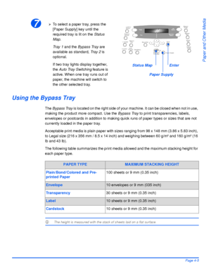 Page 81Xerox WorkCentre4118 User GuidePage 4-5
Paper and Other Media
Using the Bypass Tray
The Bypass Tray is located on the right side of your machine. It can be closed when not in use, 
making the product more compact. Use the Bypass Tray to print transparencies, labels, 
envelopes or postcards in addition to making quick runs of paper types or sizes that are not 
currently loaded in the paper tray.
Acceptable print media is plain paper with sizes ranging from 98 x 148 mm (3.86 x 5.83 inch), 
to Legal size...