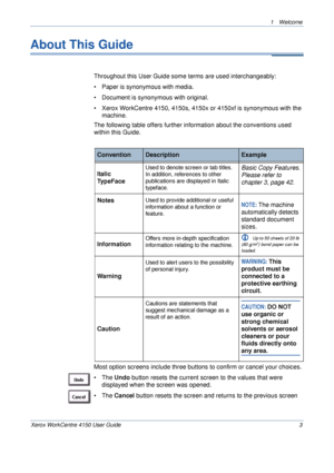 Page 71 Welcome 
Xerox WorkCentre 4150 User Guide 3
About This Guide
Throughout this User Guide some terms are used interchangeably:
• Paper is synonymous with media.
• Document is synonymous with original.
• Xerox WorkCentre 4150, 4150s, 4150x or 4150xf is synonymous with the 
machine.
The following table offers further information about the conventions used 
within this Guide.
Most option screens include three buttons to confirm or cancel your choices.
• The Undo button resets the current screen to the...