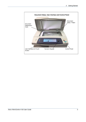 Page 272 Getting Started 
Xerox WorkCentre 4150 User Guide 5
  
Document 
Registration 
Point
User Interface (UI) Touch 
ScreenControl Panel
Document 
Glass / Platen
Numeric Keypad
Document Glass, User Interface and Control Panel
Downloaded From ManualsPrinter.com Manuals 