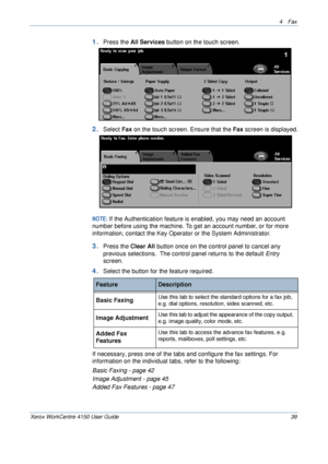 Page 614 Fax 
Xerox WorkCentre 4150 User Guide 39
1.Press the All Services button on the touch screen.
2.Select Fax on the touch screen. Ensure that the Fax screen is displayed.
NOTE: If the Authentication feature is enabled, you may need an account 
number before using the machine. To get an account number, or for more 
information, contact the Key Operator or the System Administrator.
3.Press the Clear All button once on the control panel to cancel any 
previous selections.  The control panel returns to the...