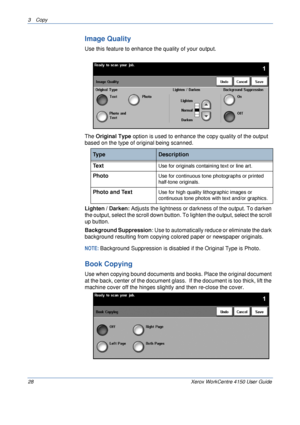 Page 503 Copy 
28 Xerox WorkCentre 4150 User Guide
Image Quality
Use this feature to enhance the quality of your output. 
The Original Type option is used to enhance the copy quality of the output 
based on the type of original being scanned.
Lighten / Darken: Adjusts the lightness or darkness of the output. To darken 
the output, select the scroll down button. To lighten the output, select the scroll 
up button.
Background Suppression: Use to automatically reduce or eliminate the dark 
background resulting...