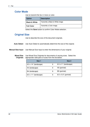 Page 684 Fax 
46 Xerox WorkCentre 4150 User Guide
Color Mode
Use to transmit the fax in mono or color.
Select the Save button to confirm Color Mode selection.
Original Size
Use to describe the size of the document originals.
Auto DetectUse Auto Detect to automatically determine the size of the original.
Manual Size InputUse Manual Size Input to enter the dimensions of your original.
Mixed Size 
OriginalsUse Mixed Size Originals for documents of varying sizes.  Select the 
appropriate valid pairs of sizes from...